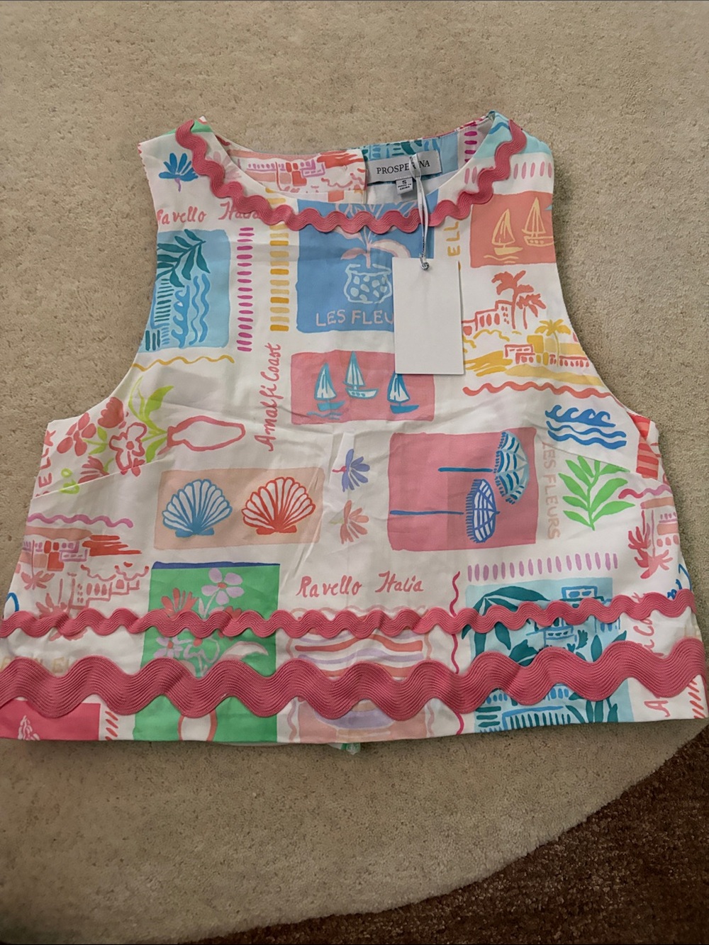 Prosperina Coastal Print Tank Top with Pink Trim